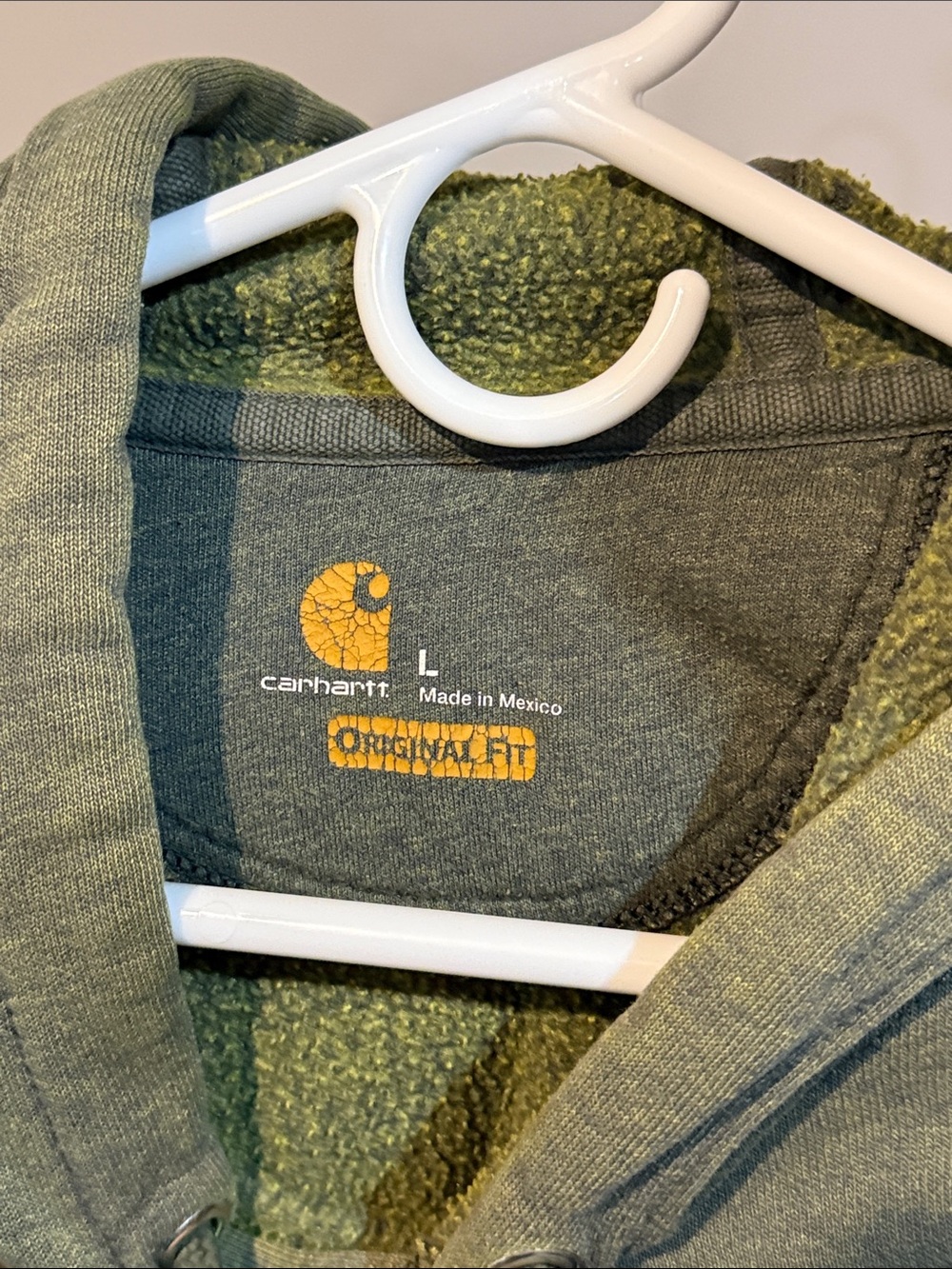 Carhartt Olive Green Crewneck Hoodie with Neon Yellow Sleeve Logo - Picture 5 of 5